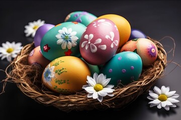 Fototapeta na wymiar Happy Easter basket and many pastel color Easter eggs. Generative AI. 