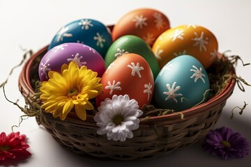 Happy Easter basket and many pastel color Easter eggs. Generative AI.
