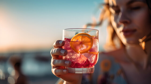 Woman drinking Cosmopolitan cocktail on a beach