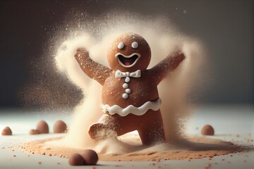 Cute running gingerbread cookie with powdered sugar and chocolate on the background
