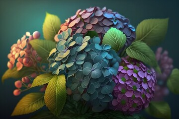 3d rendering of colourful hydrangea flowers with green leaves