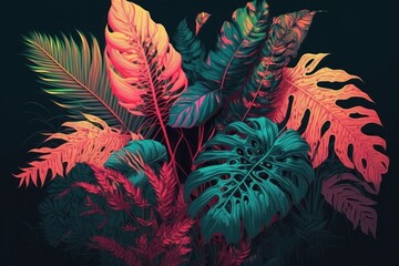 Tropical leaves background. Colorful foliage of monstera, philodendron, fern and other exotic plants on dark background.