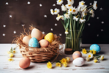 Happy Easter basket and many pastel color Easter eggs. Generative AI.
