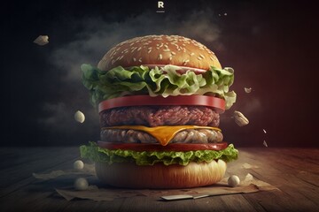 Hamburger with flying ingredients. 3d illustration. Ai Generated