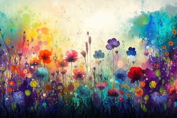 Colourful flowers on a meadow. Floral abstract background. Watercolor