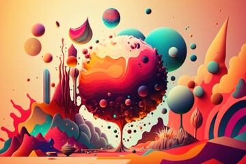 Abstract fantasy landscape with colourful planets and trees. Generative Ai