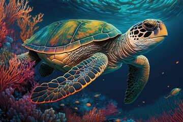 Obraz premium Green sea turtle on coral reef in deep blue sea. 3d illustration