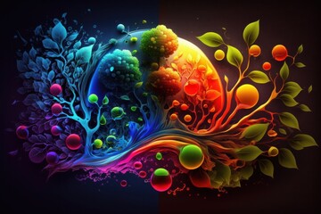 3D illustration of abstract background with planet and colorful bubbles in it