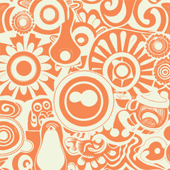 Fototapeta premium Abstract groovy elements in trendy psychedelic style seamless vector pattern. 70s, 80s, 90s vibes background