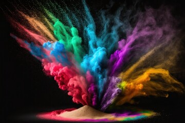 Explosion of colored powder on black background. Colorful dust explosion