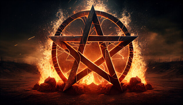 orange flame pentagram in sea side
