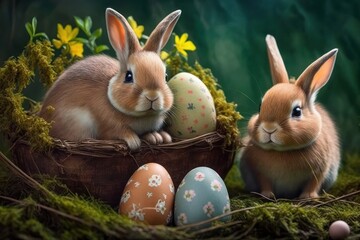 Easter bunny and easter eggs in nest on green moss background