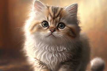 Naklejka na ściany i meble Cute little kitten on brown background, closeup. Fluffy pet