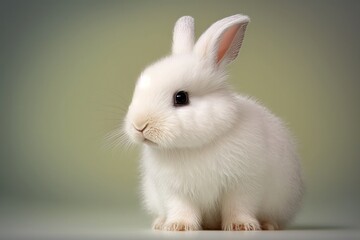 Cute white rabbit on a green background. Studio photography. Animal theme.