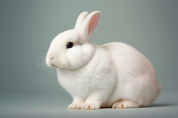 Cute white rabbit on grey background, studio shot. Easter concept