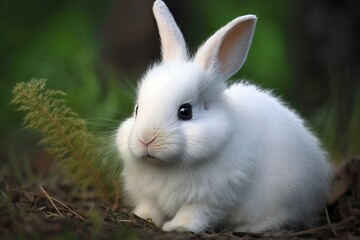 Rabbit on the ground in the forest. White rabbit on the grass.