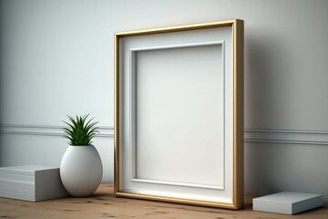 Fototapeta na wymiar A golden frame in a room with white walls, Generative Ai