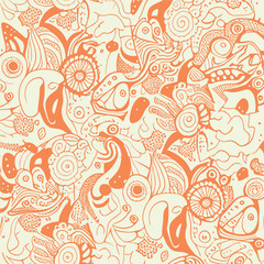 Abstract groovy elements in trendy psychedelic style seamless vector pattern. 70s, 80s, 90s vibes background