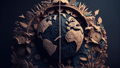 Paper Cut Style Earth Hour Illustration with Globe and Clock Hands. Generative AI.
