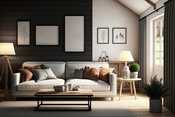Interior of modern living room with grey walls, wooden floor, brown sofa and wooden coffee table. Generative Ai