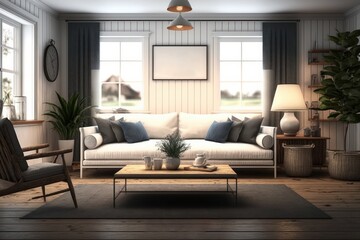 Interior of living room with sofa, armchair and coffee table, Generative Ai