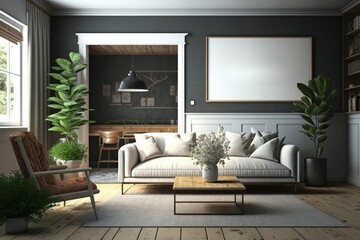 Interior of living room with white sofa, coffee table and plant. Generative Ai