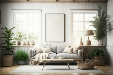 Interior of modern living room with wooden walls, wooden floor, comfortable gray sofa, coffee table and vertical mock up poster frame. Generative Ai
