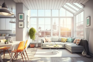 Fototapeta premium Modern living room interior with sofa, coffee table and city view. Generative Ai