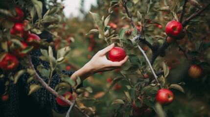 Closeup of unrecognizable woman picking red apples from a tree. Generative AI