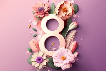 Number 8 with flowers and petals on pink background. International Women's Day concept