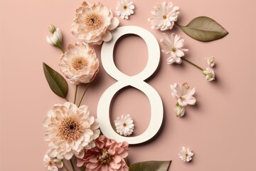 Flowers composition with number eight on pink background. Flat lay, top view