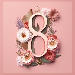 Fototapeta na wymiar Number 8 made of paper flowers on pink background. 3d illustration