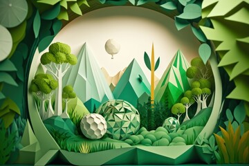 3d illustration of paper cut landscape with planet earth, trees and houses
