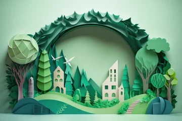 Papier Peint photo Chambre denfants 3d illustration of paper cut landscape with planet earth, trees and houses