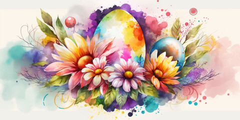 Colorful Watercolor Easter Background with Colorful Flowers – Professional
