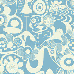Abstract groovy elements in trendy psychedelic style seamless vector pattern. 70s, 80s, 90s vibes background