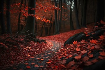 Autumn leaves in the forest. Autumn background with red leaves.