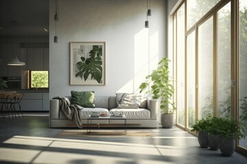 Fototapeta na wymiar Interior of modern living room with sofa, coffee table and plants