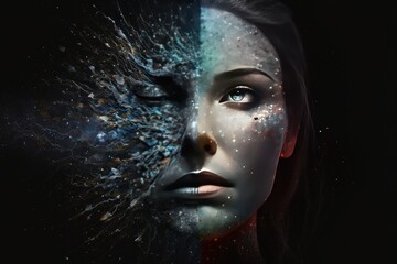 A woman's face with high technology, artificial intelligence technology on a blue and black galaxy background