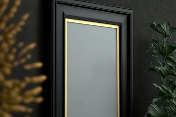 A black and golden frame with a white background and a green plant next to it. Mockup