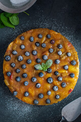 Fruit tart with blueberries, rhubarb, and nectarines.