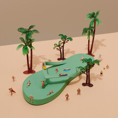 miniature people relaxing on a green flip-flop