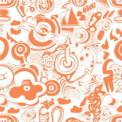 Abstract groovy elements in trendy psychedelic style seamless vector pattern. 70s, 80s, 90s vibes background
