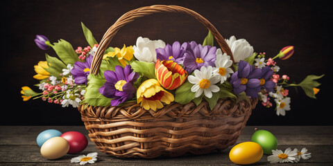 Easter Basket Background with Colorful Spring Blooms – Professional