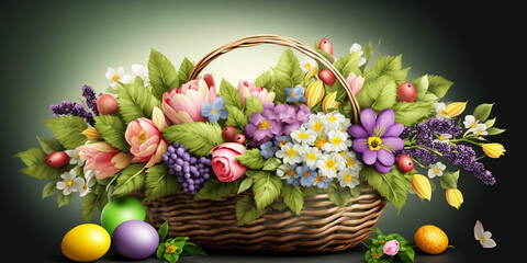 Obraz na płótnie Canvas Easter Basket Background with Colorful Spring Blooms – Professional
