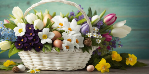Obraz na płótnie Canvas Easter Basket Background with Colorful Spring Blooms – Professional
