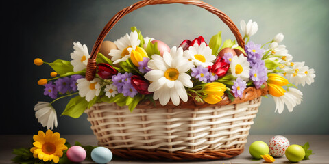 Fototapeta na wymiar Easter Basket Background with Colorful Spring Blooms – Professional