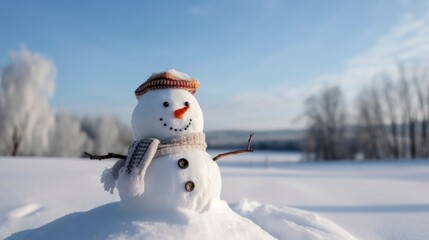 Obraz premium Happy snowman in winter scenery. Generative AI