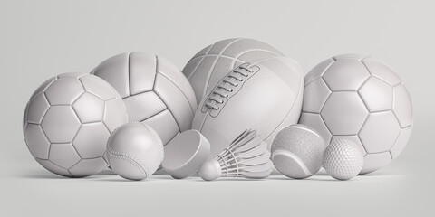 White sport balls and equipment. Soccer, ffotball, basketball, handball rugby and volleyball balls, hockey puck and badminton shuttlecock isolated on white.