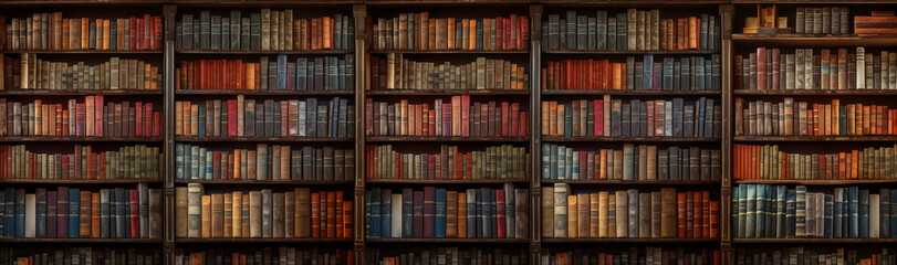 Bookshelf pattern, old books aligned, background banner for library and bookshop. Generative AI - obrazy, fototapety, plakaty